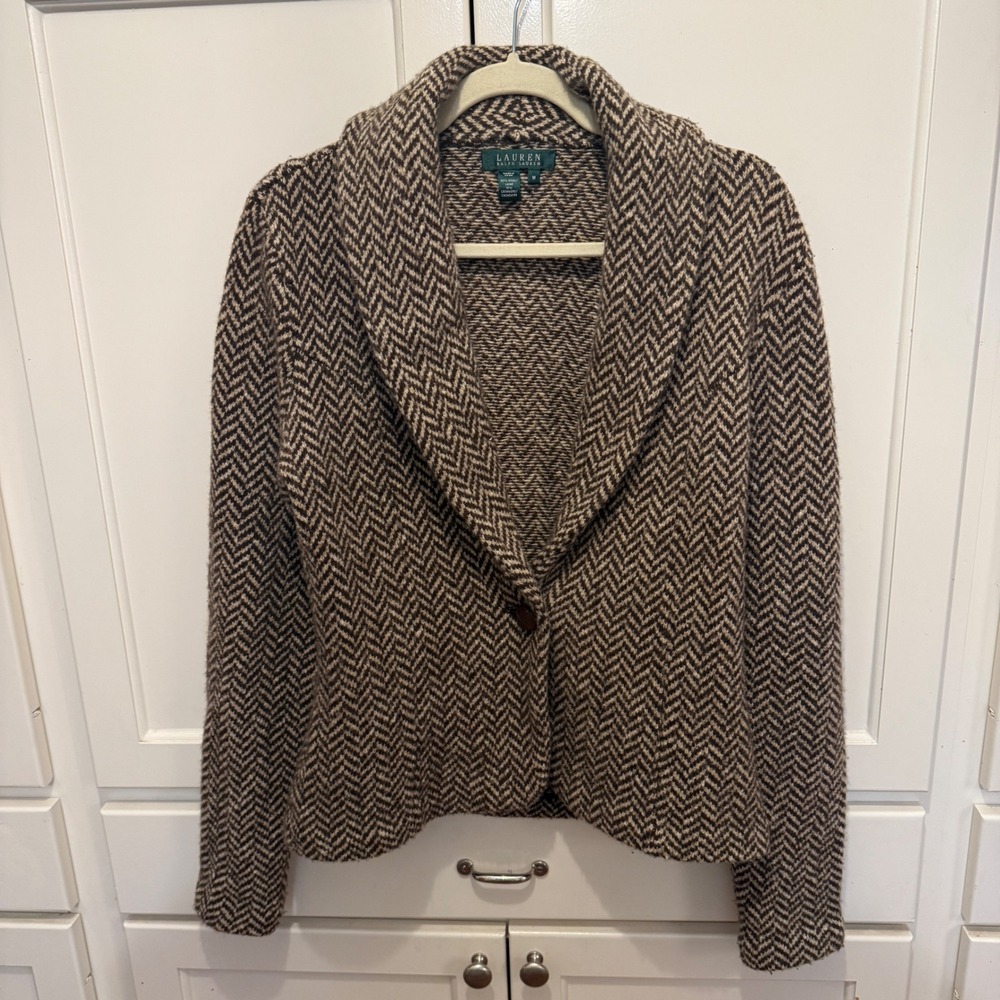 Lauren Ralph Lauren Wool Cashmere Herringbone Shawl Cardigan Brown M